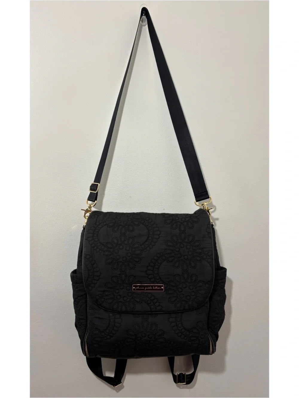 Petunia Pickle Bottom black floral stitch-work multi-way diaper bag
